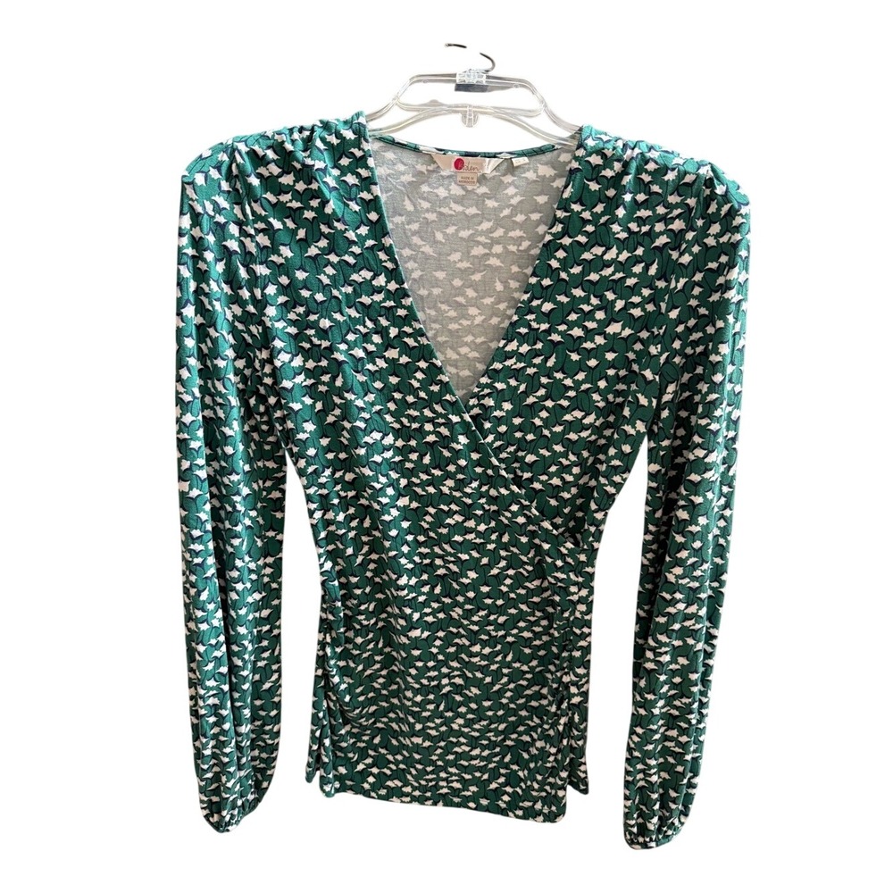 Boden Green White Tulip Floral Faux Wrap Top Long Sleeve Jersey V-Neck US 4